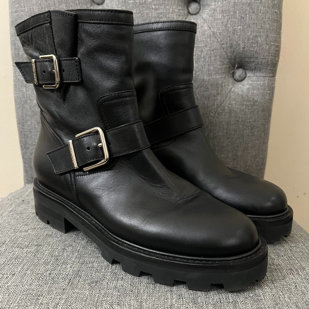 Jimmy Choo Youth II black smooth leather biker boots